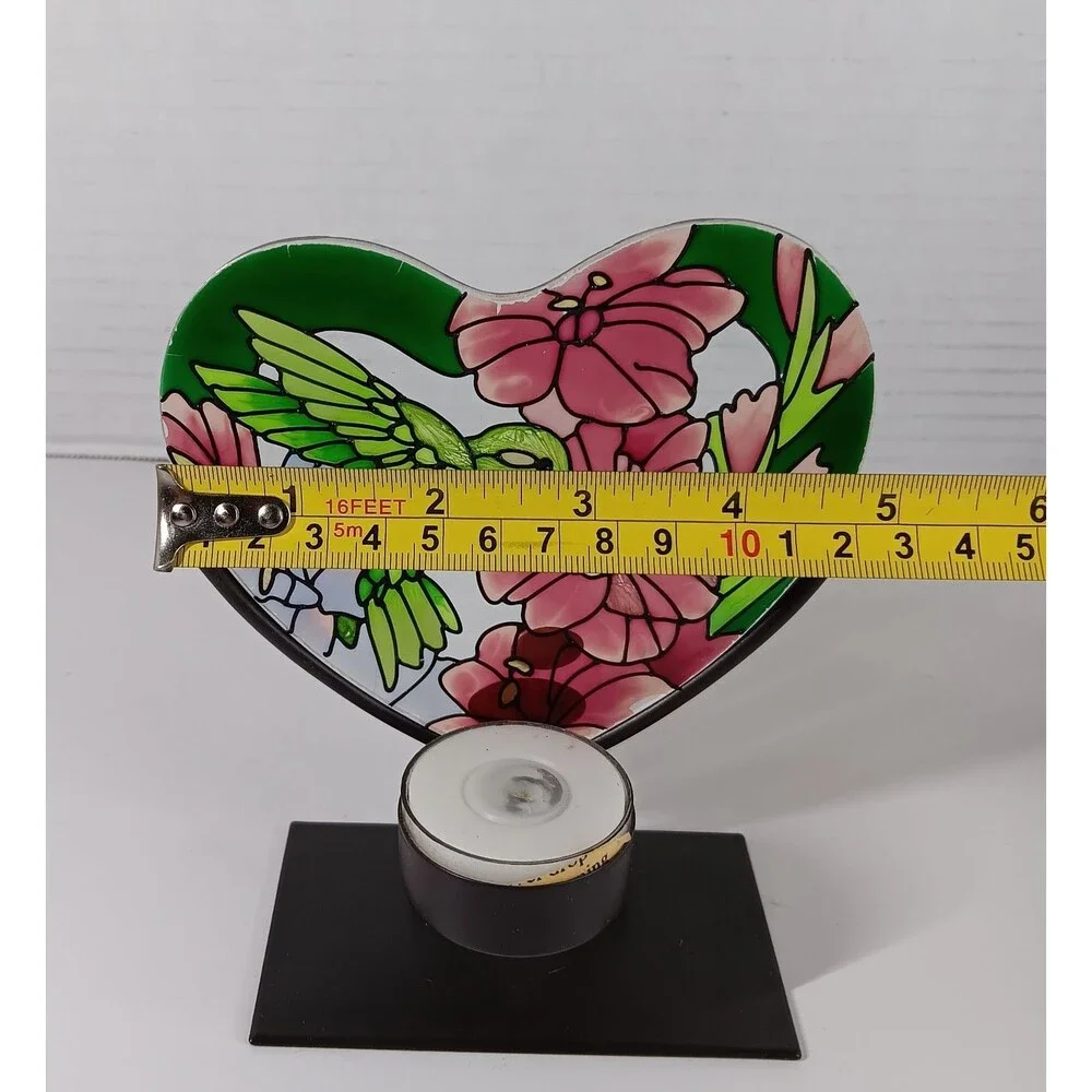 Joan Baker Designs Stained Glass Candle Holder Humming Bird Heart Handpainted